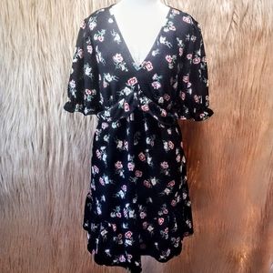 Vintage Inspired Ruffle Detail Black Floral Dress